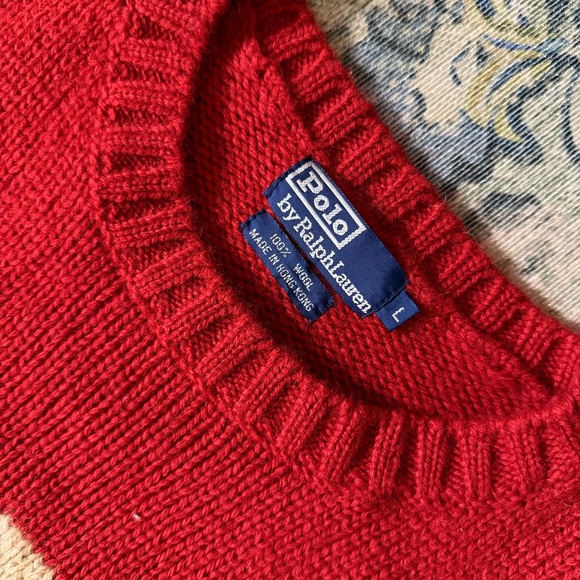 RARE Vintage 90s Polo Ralph Lauren Bear Sit Down Knit Wool Sweater Size L Red🔥 - Picture 2 of 10